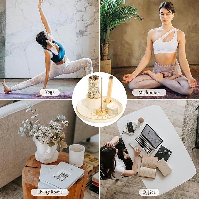 ZenBless Multifunction Incense and Candle Holder for Burning Sage, Palo Santo, Incense Sticks - 5.9" Ceramic Ash Catcher Tray for Meditation Room Home Decor Spritual Gifts(Gold Sun)