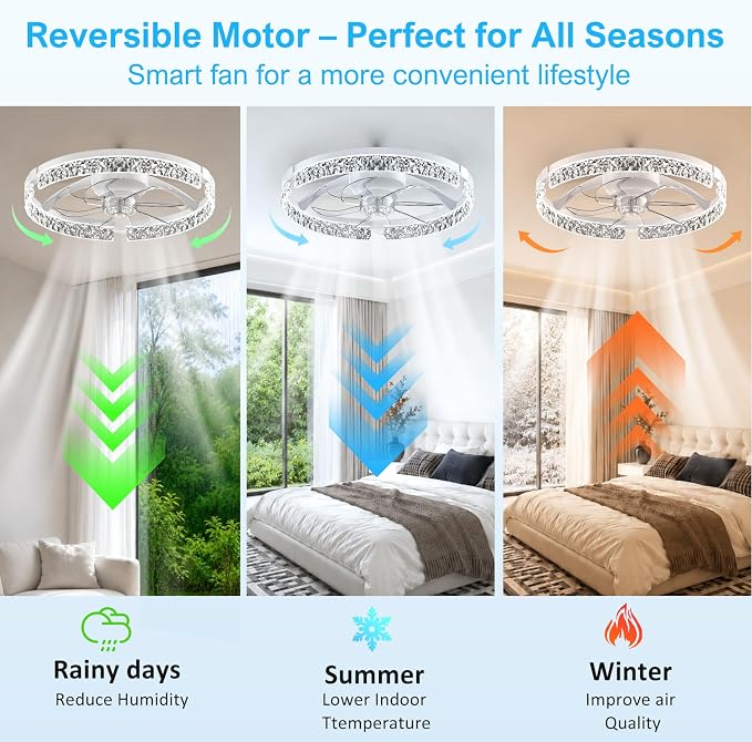 Crystal Ceiling Fans with Lights and Remote, 20'' Low Profile Ceiling Fan, 1-6 Wind Speeds, 3000-6500K Dimmable Flush Mount LED Fan Light, Modern Fandelier Ceiling Fans for Bedroom