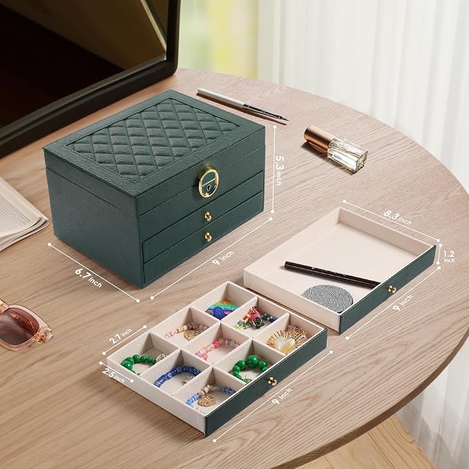 coobest 3 Layer Jewelry Box, Jewelry Holder Organizer with 2 Drawer Tray, Large boxes for Women Velvet Earring Organizer, Lockable & Organizers, Birthday Gifts for Women Mom, Green