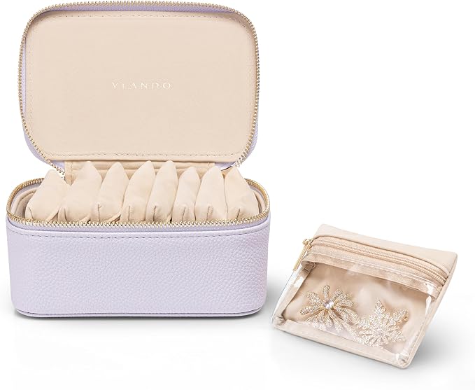 VLANDO Jewelry Travel Case,Travel Jewelry Organizer with Clear Velvet Jewelry Bags 8Pcs Zipper Pouch for Women Girl Gift- Purple