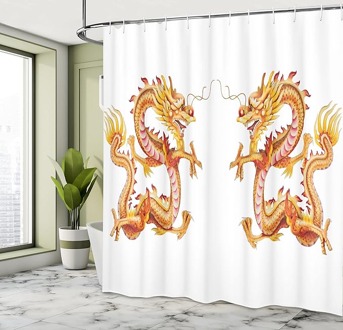 Ambesonne Dragon Shower Curtain, Twin Dragon Zodiac Statues Art Chinese Philosophy Themed Picture, Cloth Fabric Bathroom Decor Set with Hooks, 69" W x 70" L, Vermilion Yellow
