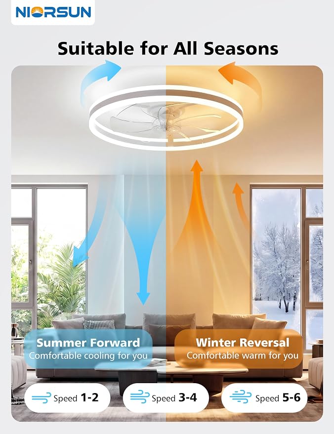 NIORSUN RGB Ceiling Fans with Lights and Remote, Modern Smart LED Ceiling Fans Light, 6 Speeds & 3000K-6500K Dimmable, Quiet Bladeless Fandelier Ceiling Fan with Light for Bedroom (24Inch,White)