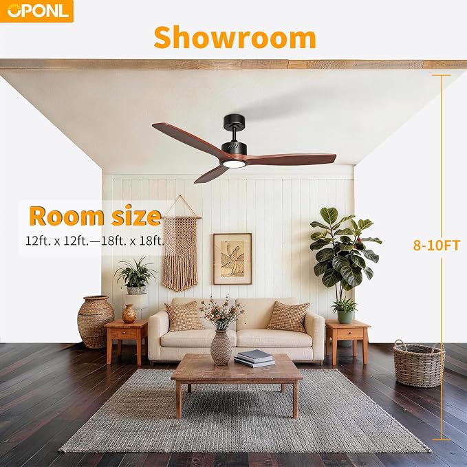 OPONL Ceiling Fan with Light, Ceiling fan with Light and Remote Control, Reversible, 6CCT, Dimmable, Noiseless, Ceiling Fan for Bedroom, Indoor/Outdoor Use, Black, 52 inch, Wood