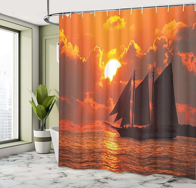 Ambesonne Sailboat Shower Curtain, Boat Sailing in Front of Sunset in Key West FloridSundown Tropical, Cloth Fabric Bathroom Decor Set with Hooks, 69" W x 75" L, Orange Dark Orange