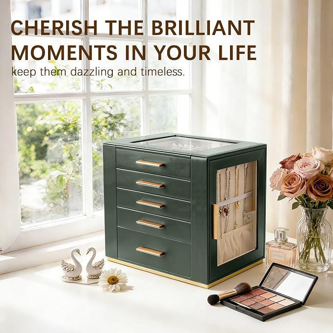 Homeanda Jewelry Box for Women with Glass Lid, 5 Drawers Jewelry Organizer and Storage for Necklaces, Rings, Earrings, Bracelets, Gift for Girls and Teens,PU Leather (Green)