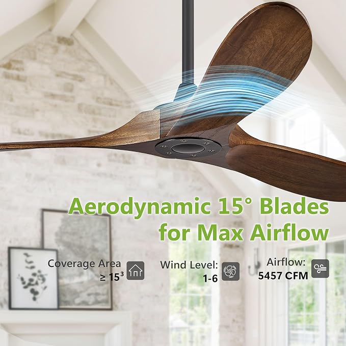52 Inch Outdoor Ceiling Fans Without Lights, Wood Ceiling Fan no Light with Remote Control and Quiet BLDC Motor, Indoor 3 Blade Propeller Fan Damp Rated for Rustic Patios Farmhouse Porch, Dark Walnut