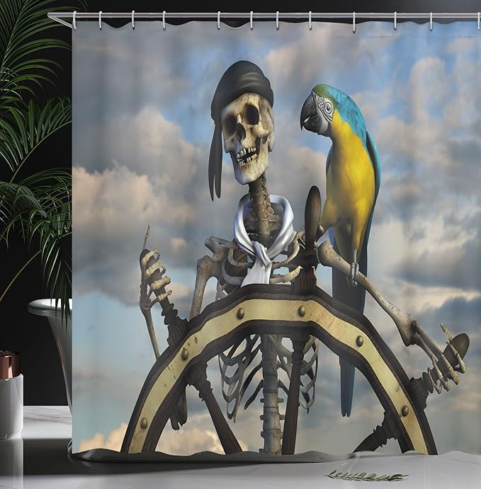 Ambesonne Pirate Shower Curtain, Skeleton Corsair Captain on Steering Wheel Exotic Macaw Parrot Bandit Cloudy Sky, Cloth Fabric Bathroom Decor Set with Hooks, 69" W x 70" L, Multicolor