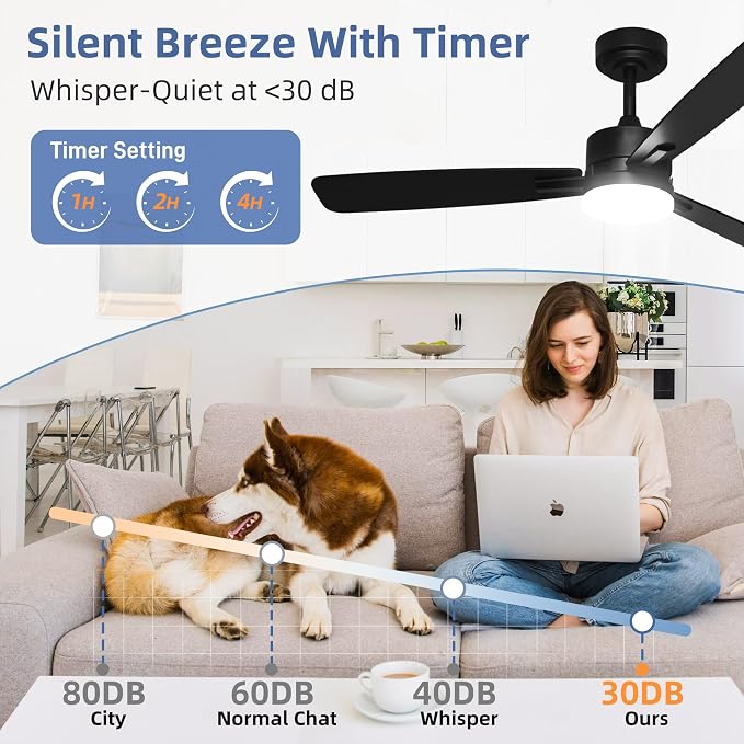 hykolity 52 Inch Modern Black LED Ceiling Fan with Light and Remote Control | 3CCT Dimmable LED Light, Quiet Reversible DC Motor, 6-Speed, Downrod Included, 3 Blade Ceiling Fans for Bedroom Living Room