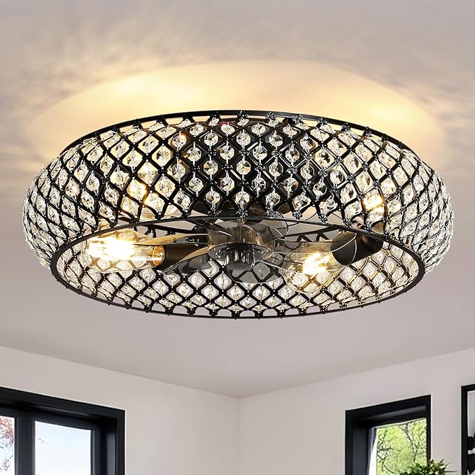 Crystal Caged Ceiling Fan Light: 20" Low Profile Fandelier Ceiling Fan Lights with Remote/Reversible 6 Speeds/Timer, Bladeless Flush Mount Chandelier Ventilador de Techo for Bedroom Living Room