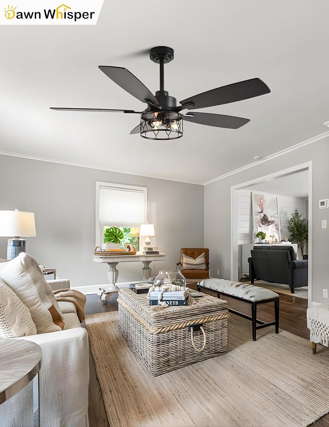 Dawn Whisper 52 Inch Black Ceiling Fans with Lights Farmhouse Ceiling Fan with Remote for Bedroom Living Room Caged Classic Chandelier Fan for Indoor(NO Bulbs