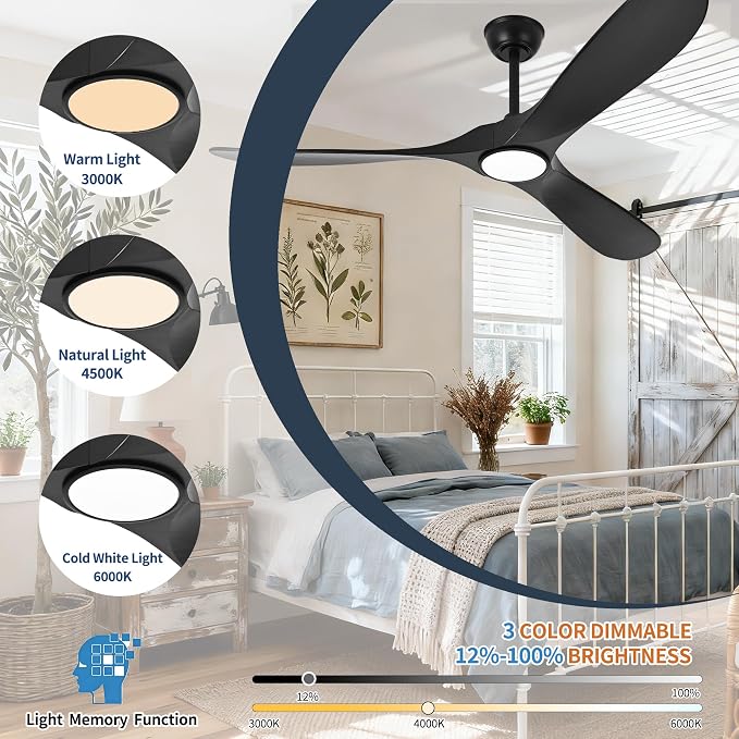 Ceiling Fan with Light and Remote, Modern Outdoor Ceiling Fans with Lights for Indoor Bedroom Living Room Patios Gazebo Wood 3 Blade Propeller High CFM Wet Rated Exterior Fan, Black 60 Inch