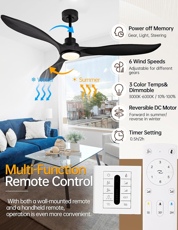 60" Solid Wood Ceiling Fans with Lights and Remote, 3 Blade Black Ceiling Fans with Wall Control, 6 Speed, Dimmable, Quiet DC Motor for Outdoor Bedroom Living Room