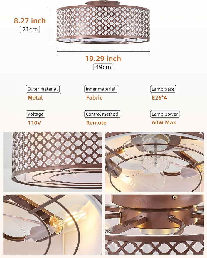 20" Brown Ceiling Fan with Light Flush Mount, Caged Farmhouse Ceiling Fans with Lights Remote Control, Round with 6 Speeds for Bedroom, Nursery, Living Room