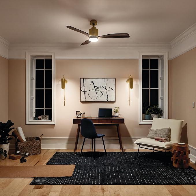 Kichler Ridley II 52" Ceiling Fan and Light Kit in Natural Brass, 3-Blade LED Ceiling Fan in Cherry Finish, 3000K, (52" W x 14.5" H), 300027NBR