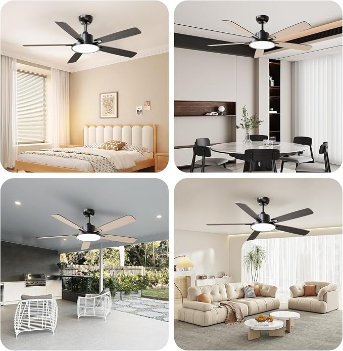 TALOYA 52 Inch Black Walnut Ceiling Fans with Lights Led Remote Control Flush Mount Low Profile for Bedroom Living Dining Room Outdoor Farmhouse,Reversible,DC Motor,Diammable,Buzzer ON/Off,5 Blades