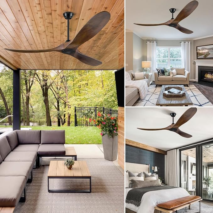 52 inch Outdoor Ceiling Fans without Lights and Remote Control, 3 Blade Ceiling Fan No Lights High CFM Quiet Wood Walnut Outdoor Fan, Propeller Ceiling Fan for Outdoor/Indoor/Patio, Dark Walnut
