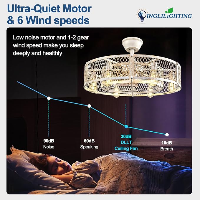 DLLT Caged Ceiling Fan with Lights: 26" Large Bladeless Fandelier with Light and Remote - Cement Industrial Chandelier Fan Light Semi Flush Mount Rustic Enclosed Fans Bedroom Dining Room Kitchen