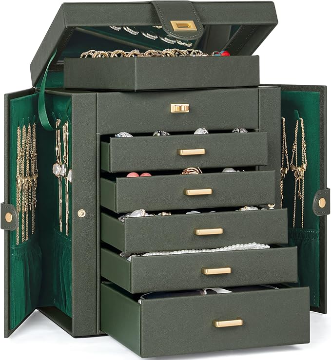 AKOZLIN 6-Tier Jewelry Box Organizer Functional 5 Drawers Leather Jewelry Storage Case for Women Girls Ring Necklace Earring Bracelet Holder Organizer with Mirror Medium Dark Green
