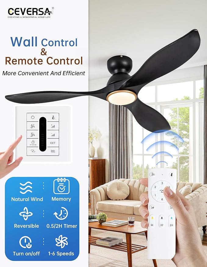 52 Inch Flush Mount Ceiling Fans with Lights and Remote,Black and Gold Low Profile Ceiling Fan with Light,Dimmable,Quiet Noiseless DC Motor for Patios,Living Room,Bedroom(Wall Control Switch)