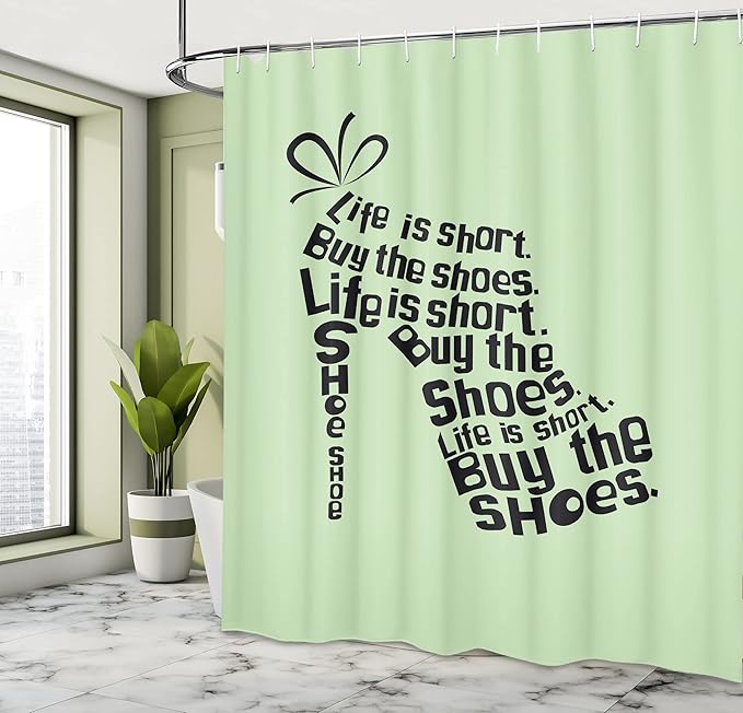 Ambesonne Saying Shower Curtain, Fashion Colored Woman Shoe Words Life is Short Buy The Shoes, Cloth Fabric Bathroom Decor Set with Hooks, 69" W x 70" L, Green Black