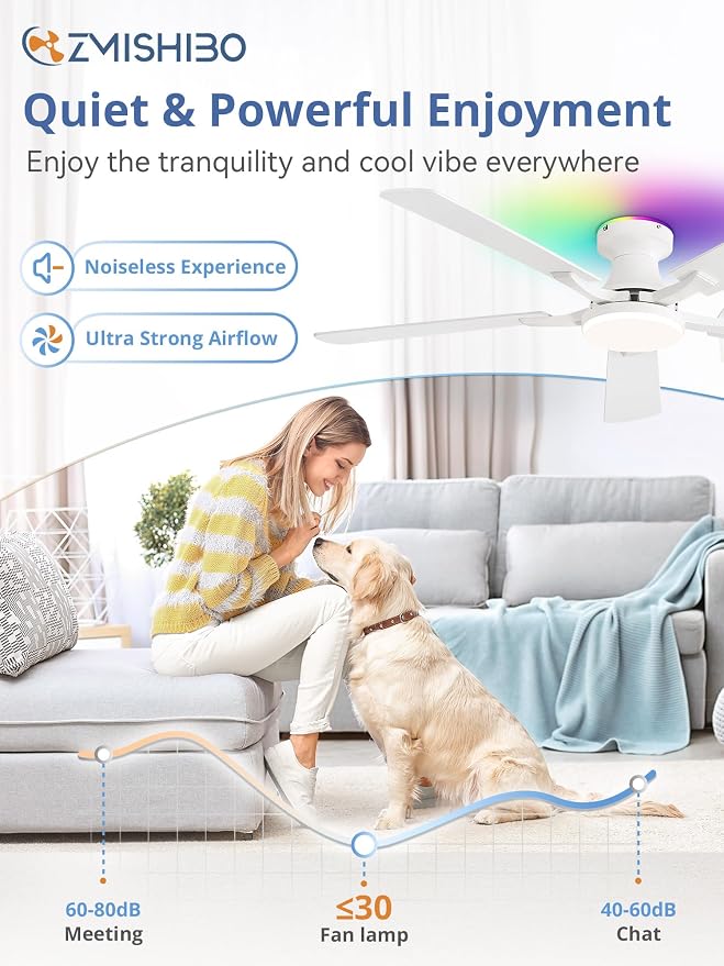 ZMISHIBO 52 Inch Ceiling Fan with RGB Lights, Low Profile Flush Mount with Alexa/App/Remote, Dimmable 20W LED Light, White Modern for Living Room, Bedroom, Game Room