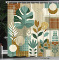 Ambesonne Mid Century Modern Shower Curtain, Abstract Retro Monstera and Palm Leaves Lines and Circles, Cloth Fabric Bathroom Decor Set with Hooks, 69" W x 75" L, Dark Khaki Beige Green