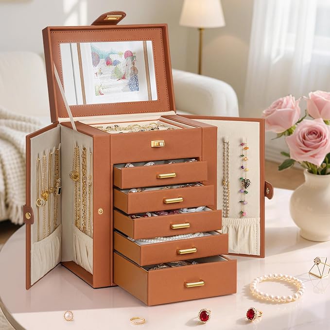 AKOZLIN 6-Tier Jewelry Box Organizer Functional 5 Drawers Leather Jewelry Storage Case for Women Girls Ring Necklace Earring Bracelet Holder Organizer with Mirror Orange Regular