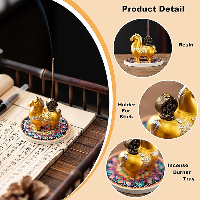 Horse Incense Burner-Resin Fortune Horse Incense Holder with Tray & Gift Box,Aromatherapy Decor for Yoga, Meditation,Home Office,Horse Lover Gift (Golden)