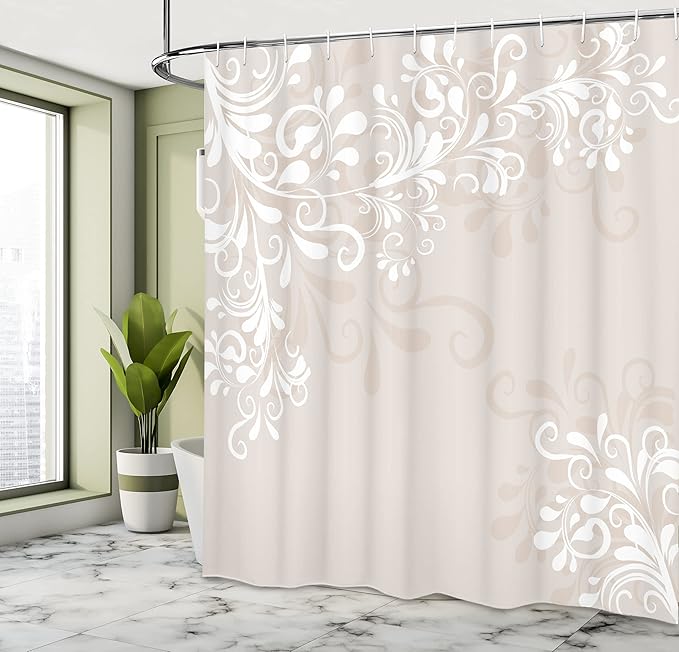 Ambesonne Oriental Shower Curtain, Floral Ivy Swirls and Leaves Abstract Modern Frame Like Artwork Image, Cloth Fabric Bathroom Decor Set with Hooks, 69" W x 70" L, White Cream