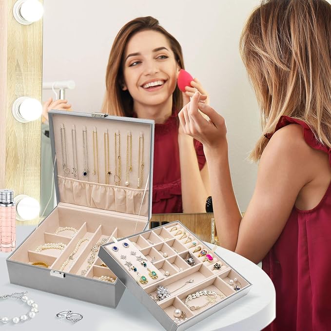 ProCase 2 Layers Jewelry Box for Women -Grey | Large Leather Jewelry Organizer Storage Case with Removable Pad for Earrings