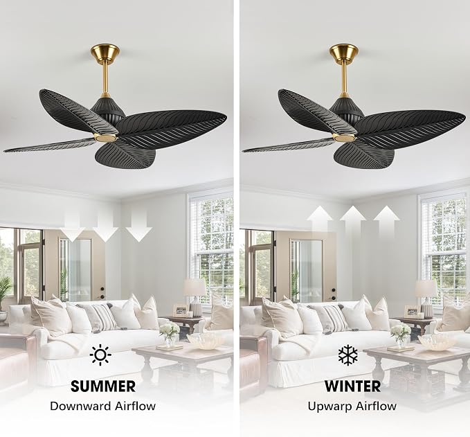 52 inch Ceiling Fan Without Lights, Remote & APP Control, 6 Speed DC Motor, 4 Palm Leaf Blades, Tropical Ceiling Fans for Bedroom, Living Room (Black Gold)