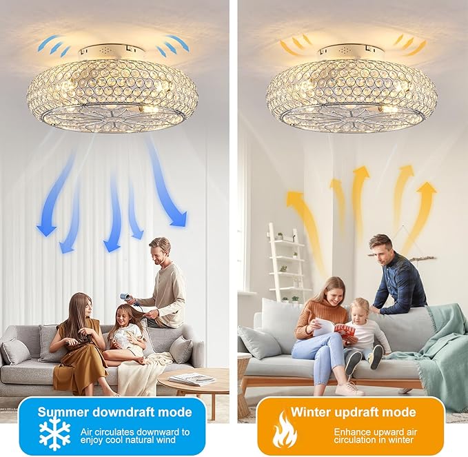 Caged Crystal Ceiling Fans with Lights and Remote,20" Flush Mount Low Profile Ceiling Fan with Light,6 Speed Enclosed Ceiling Fan with Reversible Motor for Bedroom Living Room|(4 E26 Bulbs Included)