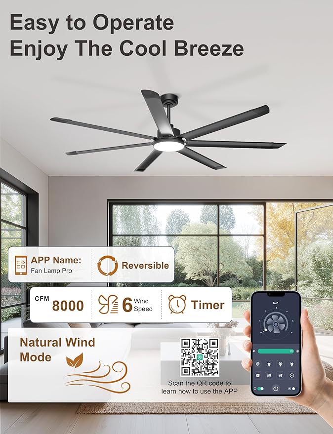 Ohniyou 72'' Industrial Ceiling Fan with Light for Patio, Garage, Black | 8000 CFM Airflow, 35dB DC Motor, 7 Aluminum Blades, 3CCT Dimming, Remote/APP Control, Covered Outdoor Metal Fan