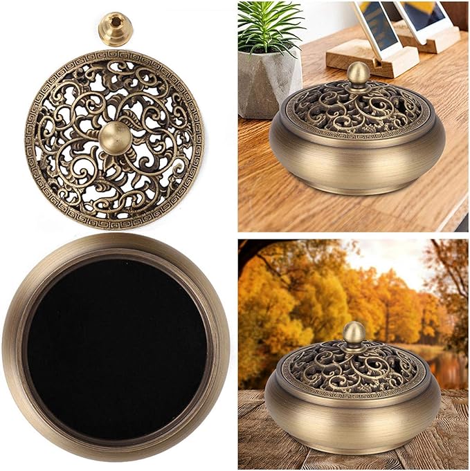 Brass Incense Burner with Lid, Antique Incense Holder Censer Incense Burner Bowl with Lid for Coils Stick Incense Home Office Decor Indoor Ornament Handicraft