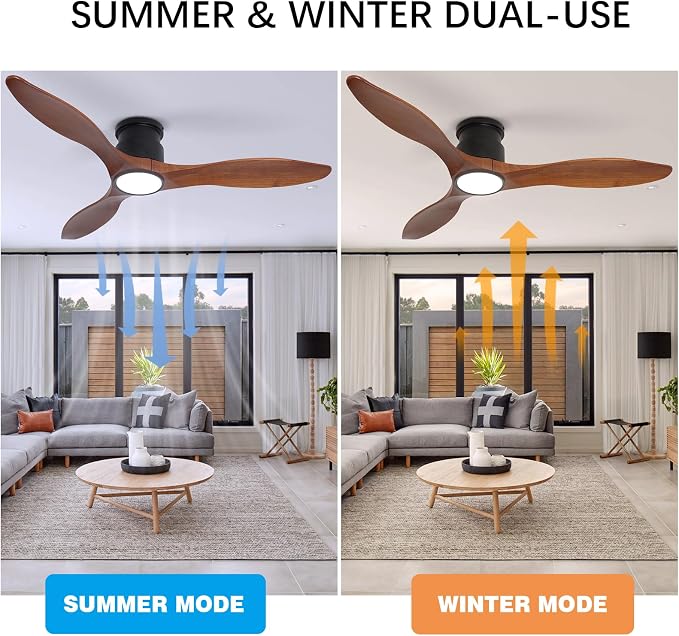 52Inch Wood Ceiling Fans with Lights and Remote Control, Indoor Outdoor Ceiling Fans Farmhouse, Low Profile Ceiling Fan with Light Timing 6 Speeds 3 Color Light Memory Lighting Reversible