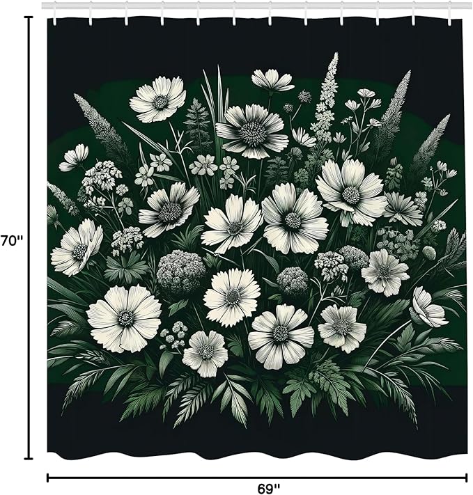 Ambesonne Dark Green Shower Curtain, Delicate Arrangement of Daisies and Pansies on Dark Background Print, Cloth Fabric Bathroom Decor Set with Hooks, 69" W x 70" L, Emerald Off White Grey