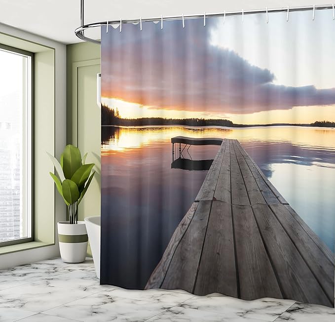 Ambesonne Landscape Shower Curtain, Serenity Relaxing Themed Port Pier Wooden Rustic Image of Dawn Sunset in Lake Art, Cloth Fabric Bathroom Decor Set Hooks, 69" W x 84" L, Multicolor Indigo Pale Blue
