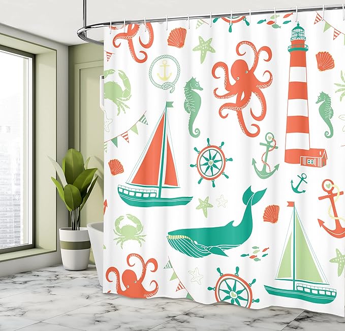Ambesonne Nautical Shower Curtain, Pastel Colored Composition of Lighthouse Sailboat Fish Shells Octopus, Cloth Fabric Bathroom Decor Set with Hooks, 69" W x 70" L, Vermilion Teal