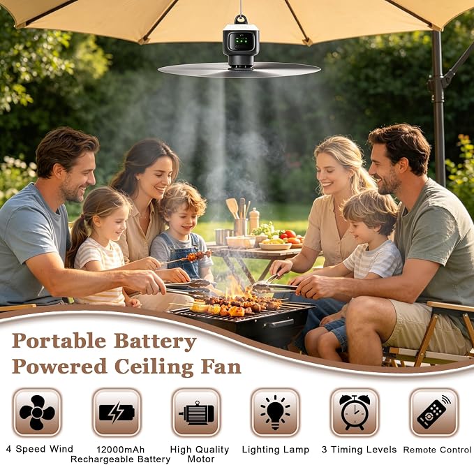 18 inch Portable Ceiling Fan with Light & Remote, 12000mAh Battery Powered Rechargeable Tent Fan, Outdoor Ceiling Camping Fans Light with Hanging Hook for Canopy Gazebo Patio RV Travel Fishing