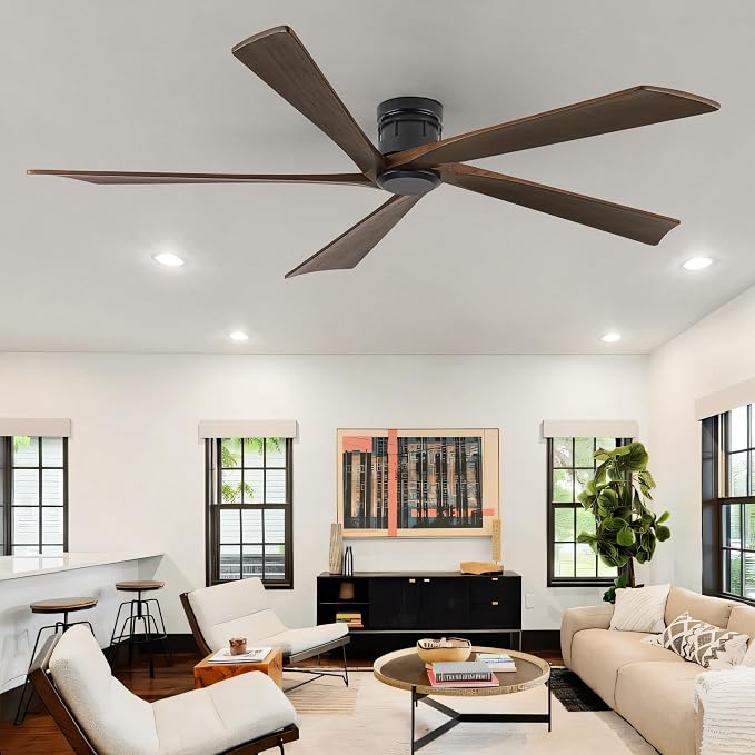 EKIZNSN 84 Inch Low Profile Flush Mount Outdoor Ceiling Fan without Light for Patios, 5 Walnut Wood Blades, 6-Gear Speed, 110V Noiseless DC Motor (Black Finish with Walnut Blades)
