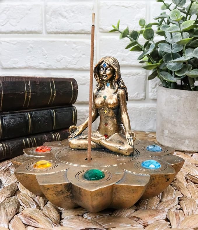 Ebros Gift Sacred Moon Feminine Triple Goddess Yoga Meditation with Chakra Zone Color Beads Lotus Flower Incense Stick Holder Burner Figurine Zen Feng Shui Vastu Home Fragrance Tabletop Altar Decor