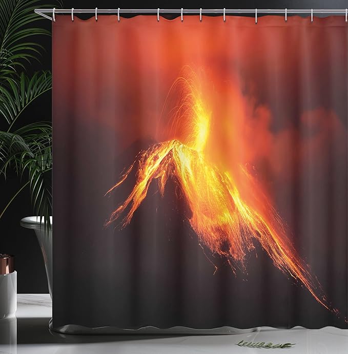 Ambesonne Volcano Shower Curtain, Tungurahua Volcano in Ecuador Exploding at Night Nature and Geology, Cloth Fabric Bathroom Decor Set with Hooks, 69" W x 84" L, Orange Yellow