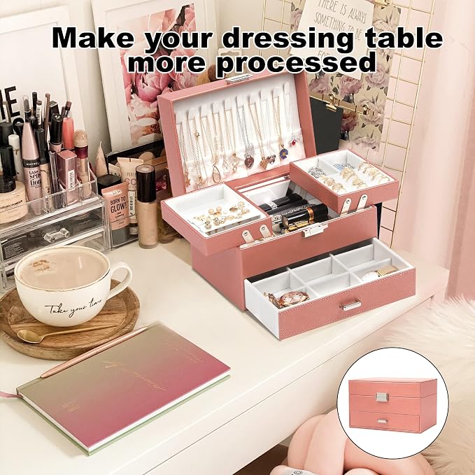 Dajasan Jewelry Organizer Box, Large Jewelry Boxes for Women Girls, Space-Saving 3 Layers Jewelry Storage Case with Drawer, Movable Metal Stand, Modern, Gift Idea (Champagne)