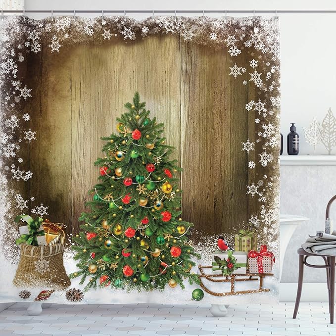 Ambesonne Christmas Shower Curtain, Pine Tree with Present Boxes on Snowy Board Xmas at Countryside Theme, Cloth Fabric Bathroom Decor Set with Hooks, 69" W x 84" L, Green White Brown