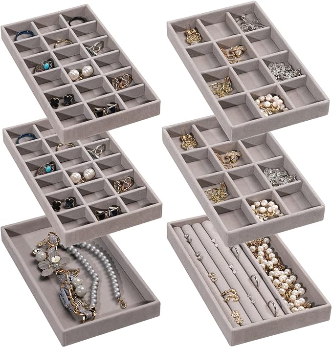 Frebeauty Jewelry Trays for Drawer,Set of 6 Jewelry Organizer and Storage | Velvet Material,Earring Holder Organizer,Stackable Jewelry Display for Vanity,Drawer Inserts for Rings,Studs,8.3×4.9 inch