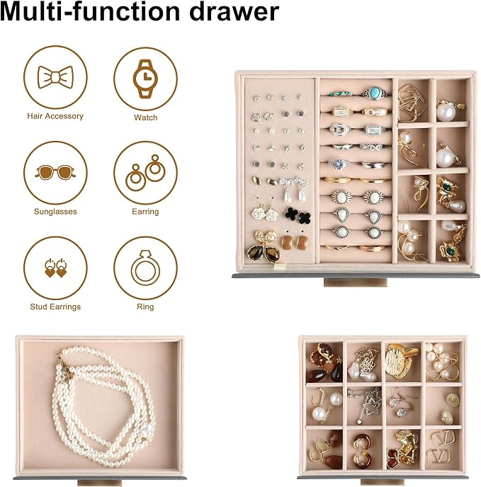 Frebeauty Jewelry Box for Women,Clear Lid Jewelry Organizer with 3 Drawers | Faux Leather,Velvet Lining,3 Layers,Jewelry Storage for Ring Earring Stud,Dustproof Design,Gift Choice,Golden Stylish Handle
