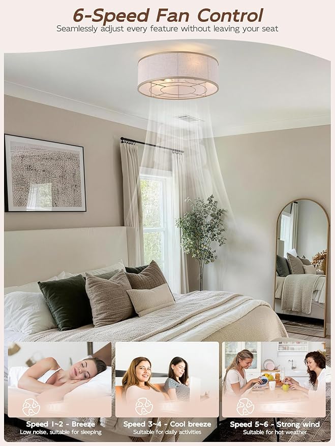 Gold Flush Mount Ceiling Fans with Lights, 20" Caged Boho Ceiling Fan with Light and Remote, Bladeless with 6 Speeds for Bedroom, Nursery, Living Room