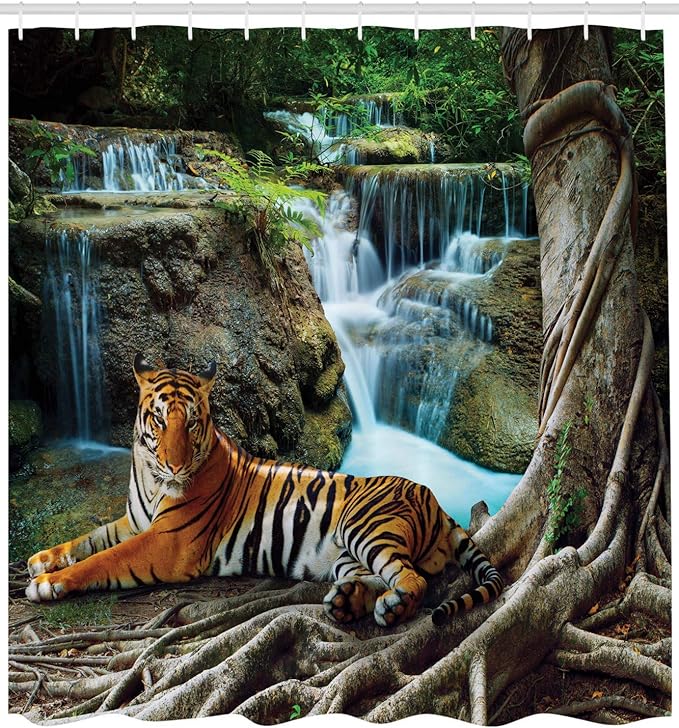 Ambesonne Savannah Shower Curtain, Indochina Tiger Laying Under Banyan Tree Against Limestone Waterfall Nature, Cloth Fabric Bathroom Decor Set with Hooks, 69" W x 70" L, Green