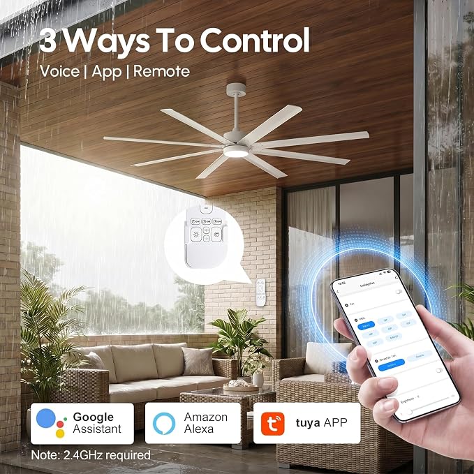 56 Inch White Outdoor Ceiling Fan with Light, All Weather Wet Rated, Smart Alexa/App/Remote Control, 8 Anti-rust Aluminum Blades, High Airflow 7446 CFM, Modern Farmhouse Fan for Patios Coastal Garage
