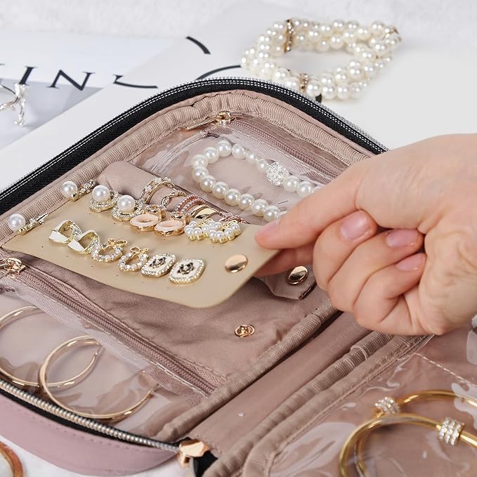 NISHEL Travel Jewelry Case Organizer, Tangle-Free Necklace Storage Bag | Stores rings, earrings, bracelets and watches in a compact case for travel and daily use, Peach Pink, Medium
